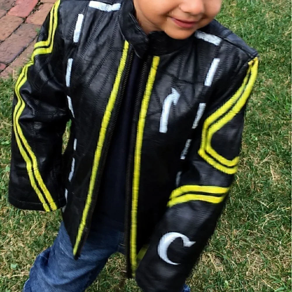 Vintage kids black leather patch zip-up jacket, yellow and white hand painted 4T